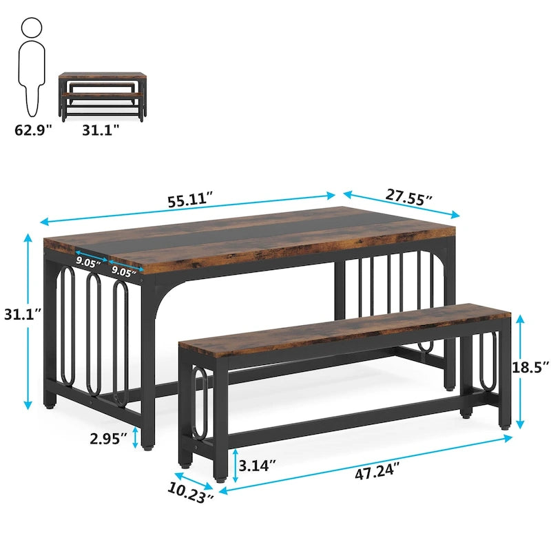 Table de salle à manger de cuisine de 55 pouces avec deux bancs