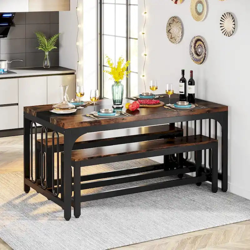 Table de salle à manger de cuisine de 55 pouces avec deux bancs
