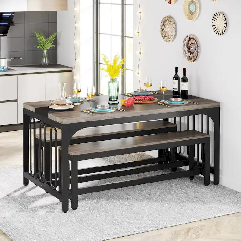 Table de salle à manger de cuisine de 55 pouces avec deux bancs