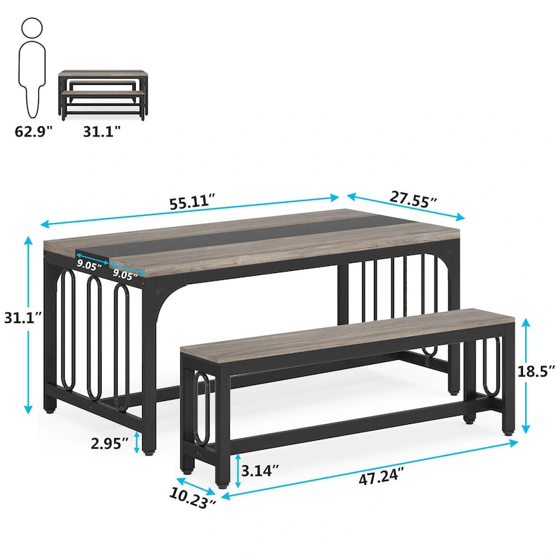 Table de salle à manger de cuisine de 55 pouces avec deux bancs