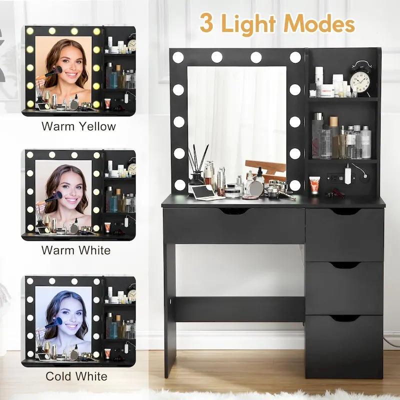 White Makeup Vanity Desk with Mirror and Lights - 15.2 D x 35.4 W x 55.1 H