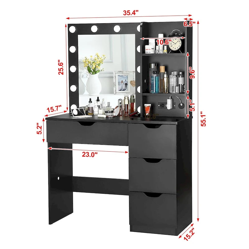 Coiffeuse Blanche avec Miroir et Lumières - 15,2 P x 35,4 L x 55,1 H