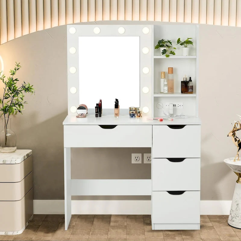 Coiffeuse Blanche avec Miroir et Lumières - 15,2 P x 35,4 L x 55,1 H