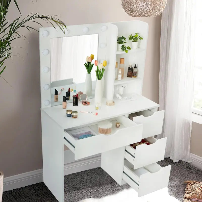 Coiffeuse Blanche avec Miroir et Lumières - 15,2 P x 35,4 L x 55,1 H