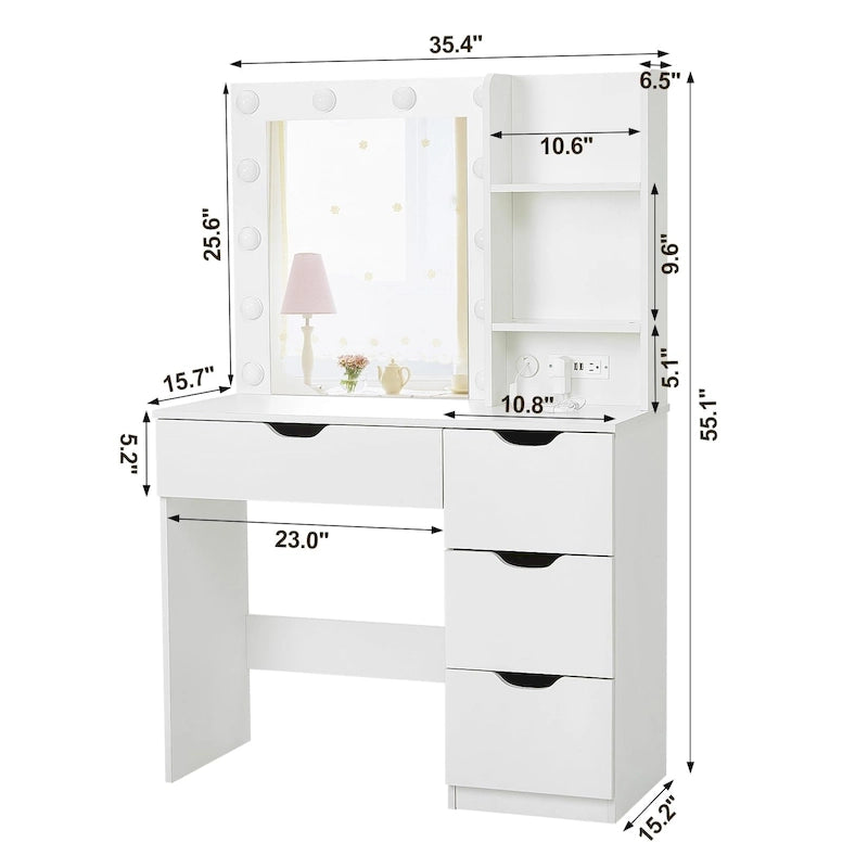 Coiffeuse Blanche avec Miroir et Lumières - 15,2 P x 35,4 L x 55,1 H