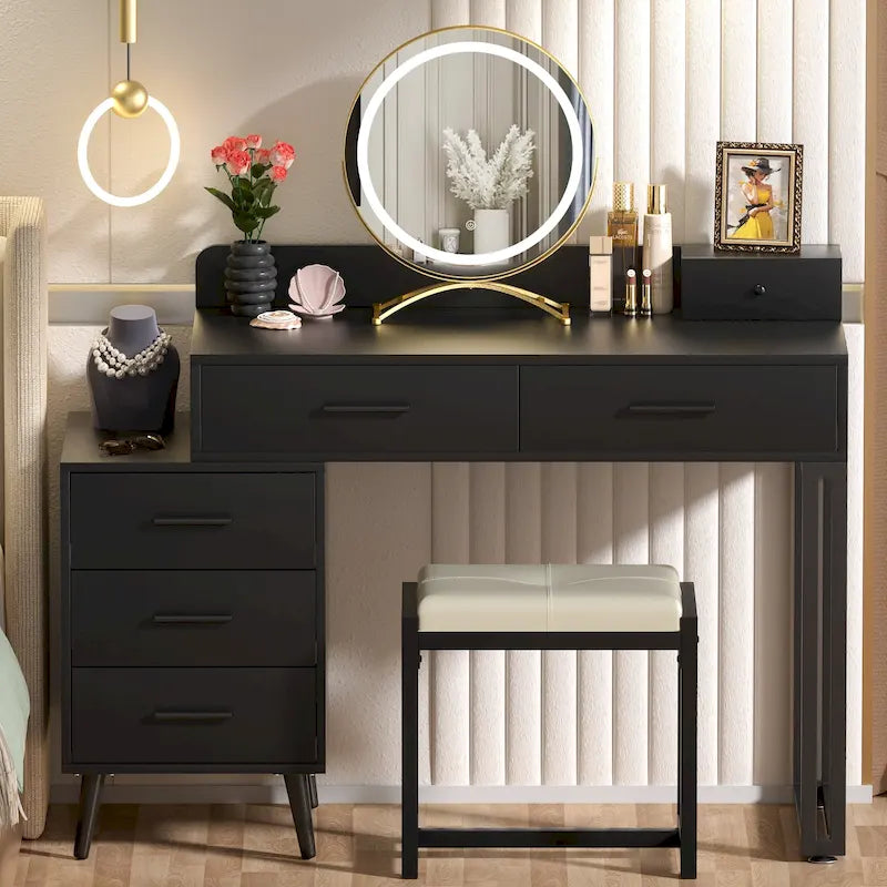 Une coiffeuse moderne avec un tabouret et un miroir LED