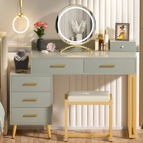 Makeup Vanity Desk with Stool and LED Mirror, Modern Makeup Table Vanity Desk with 6 Storage Drawers