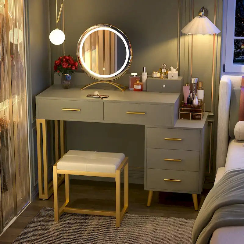 Une coiffeuse moderne avec un tabouret et un miroir LED