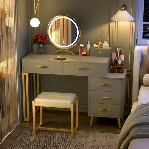 Une coiffeuse moderne avec un tabouret et un miroir LED