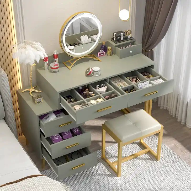 Une coiffeuse moderne avec un tabouret et un miroir LED