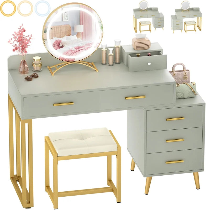 Une coiffeuse moderne avec un tabouret et un miroir LED