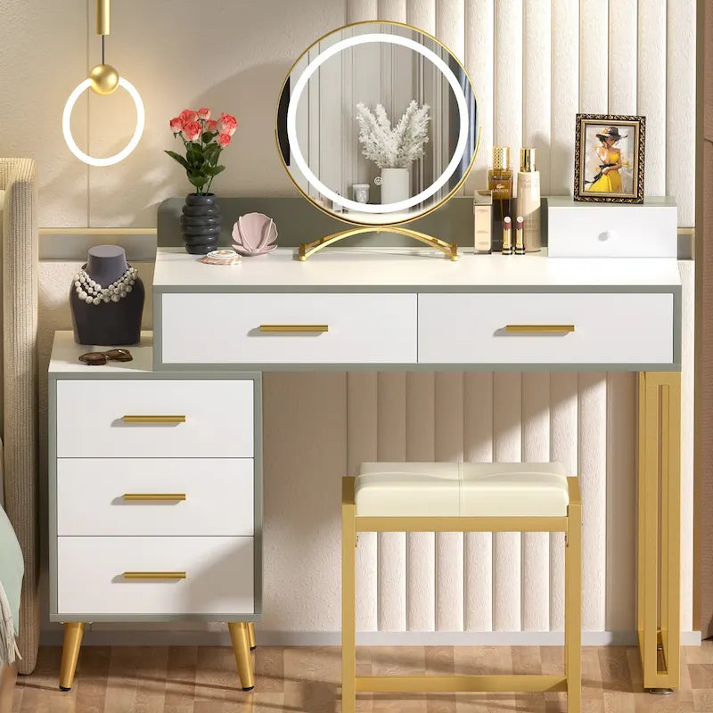 Une coiffeuse moderne avec un tabouret et un miroir LED