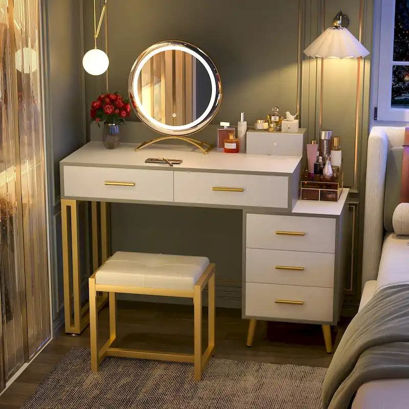 Une coiffeuse moderne avec un tabouret et un miroir LED