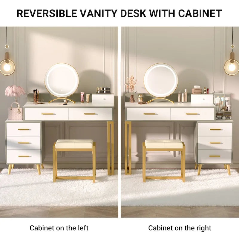 Une coiffeuse moderne avec un tabouret et un miroir LED