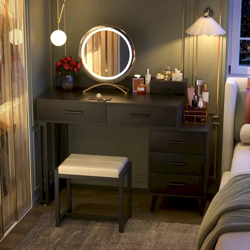 Une coiffeuse moderne avec un tabouret et un miroir LED