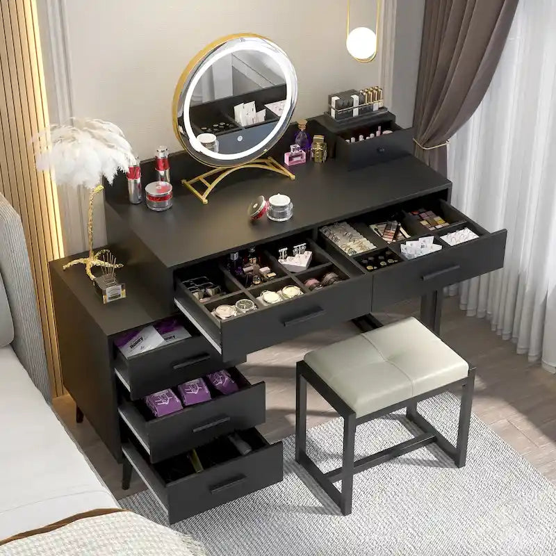 Une coiffeuse moderne avec un tabouret et un miroir LED