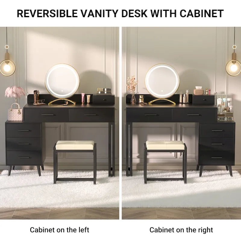 Une coiffeuse moderne avec un tabouret et un miroir LED