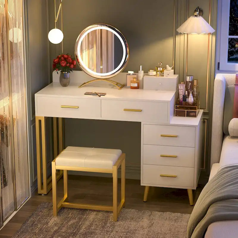 Une coiffeuse moderne avec un tabouret et un miroir LED