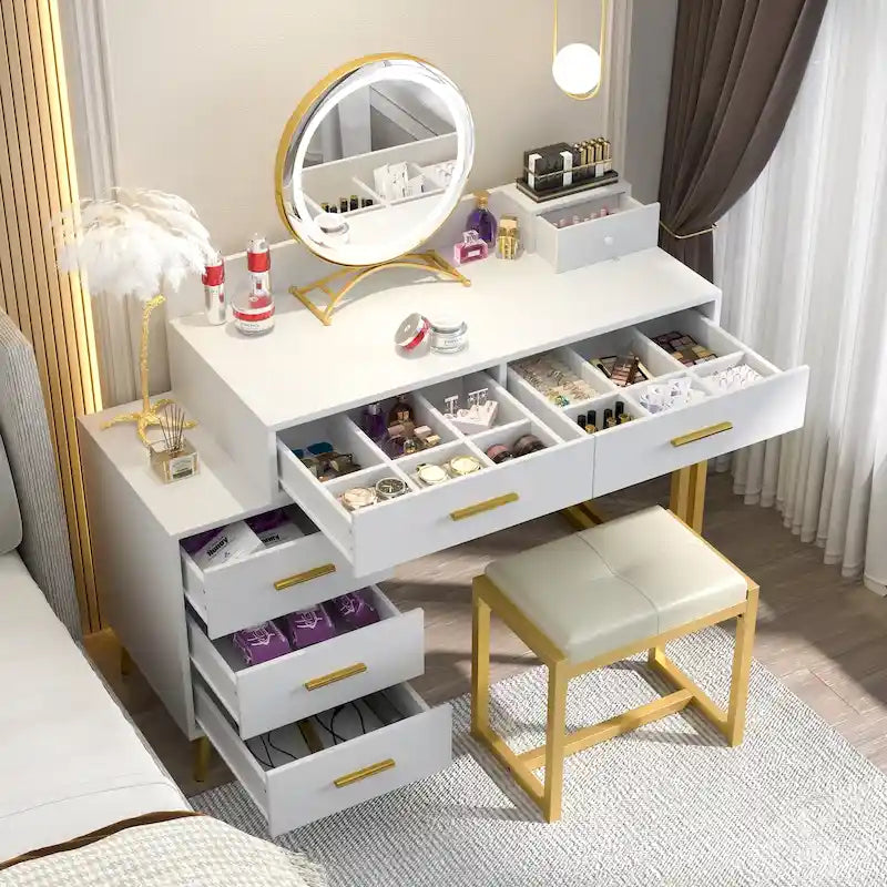 Une coiffeuse moderne avec un tabouret et un miroir LED