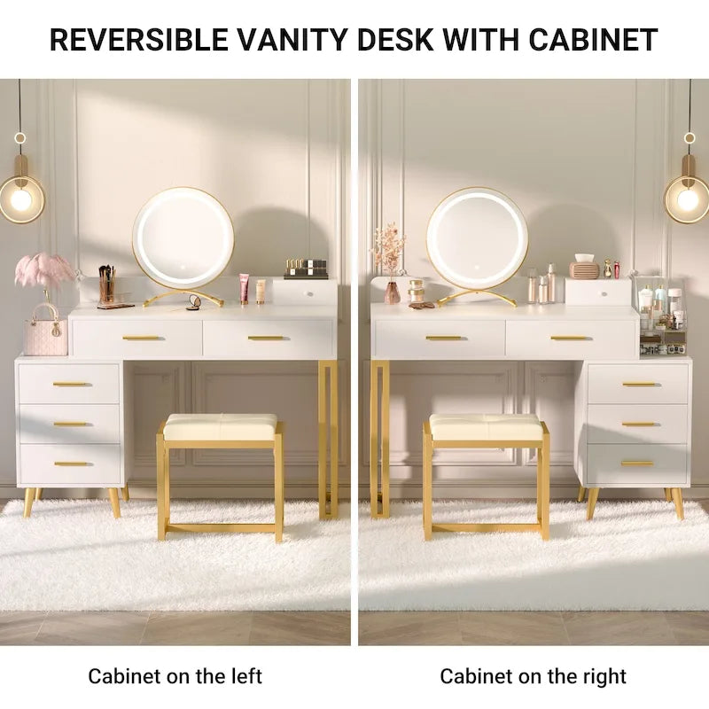 Une coiffeuse moderne avec un tabouret et un miroir LED