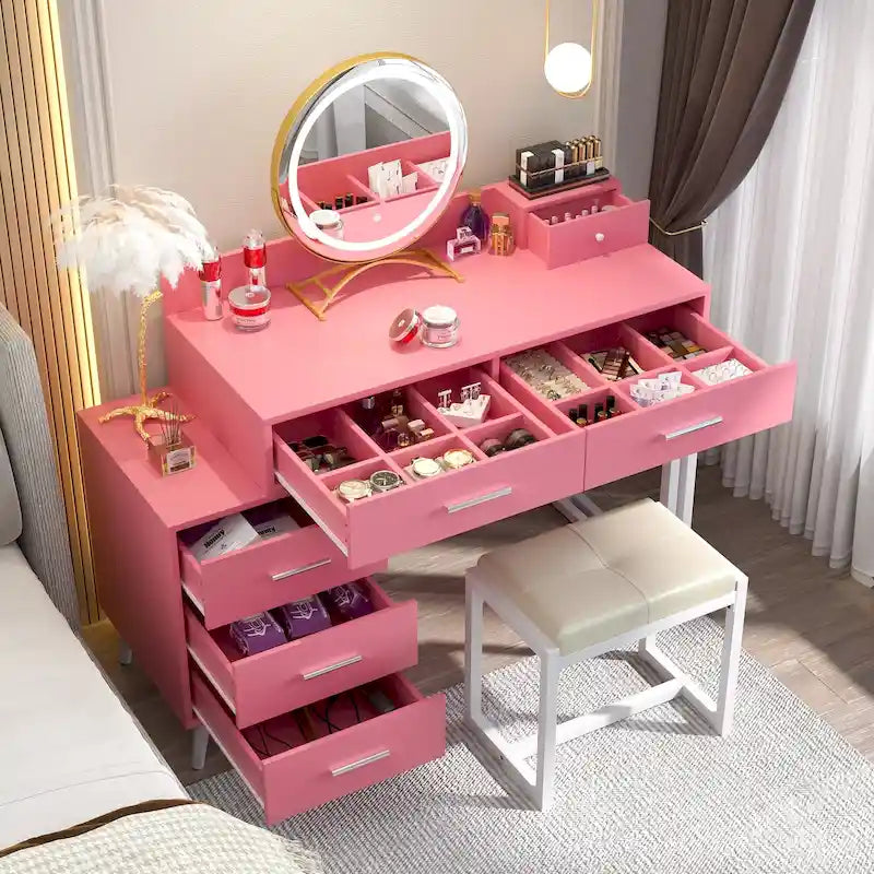 Une coiffeuse moderne avec un tabouret et un miroir LED