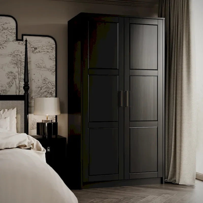Armoire urbaine à double porte en bois massif, avec portes en bois massif et portes miroir.