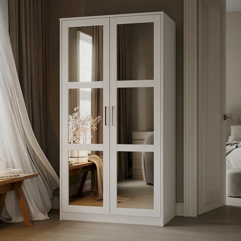 Armoire urbaine à double porte en bois massif, avec portes en bois massif et portes miroir.