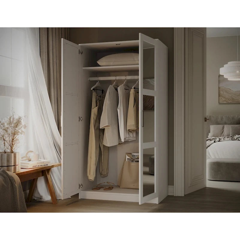 Armoire urbaine à double porte en bois massif, avec portes en bois massif et portes miroir.