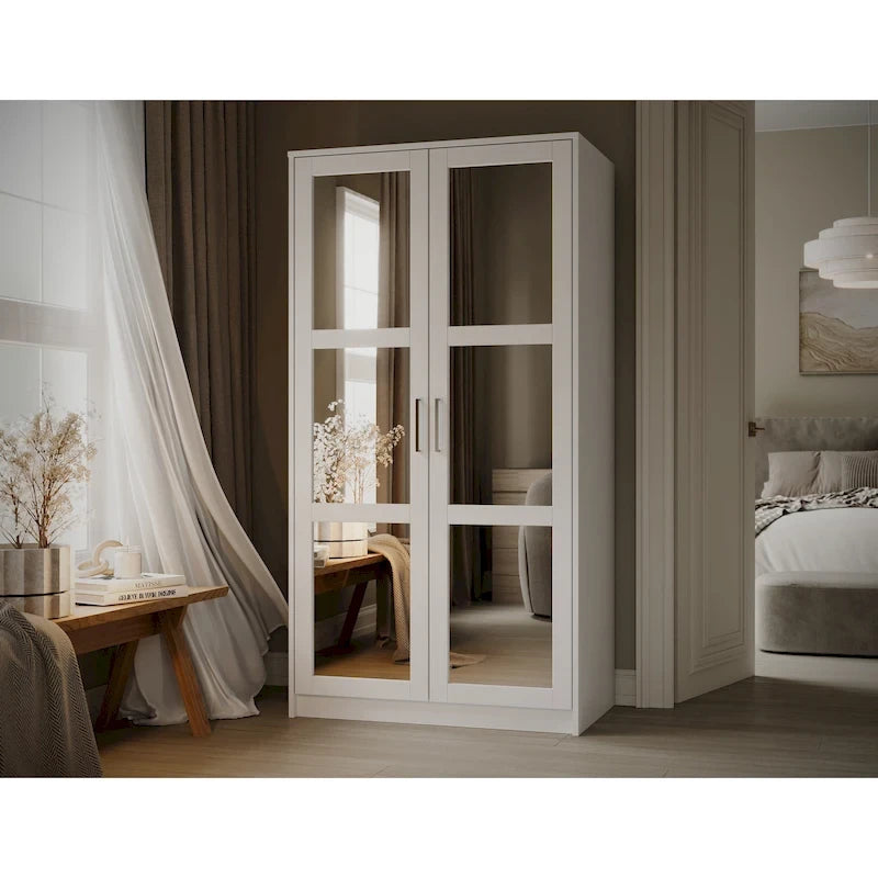 Armoire urbaine à double porte en bois massif, avec portes en bois massif et portes miroir.
