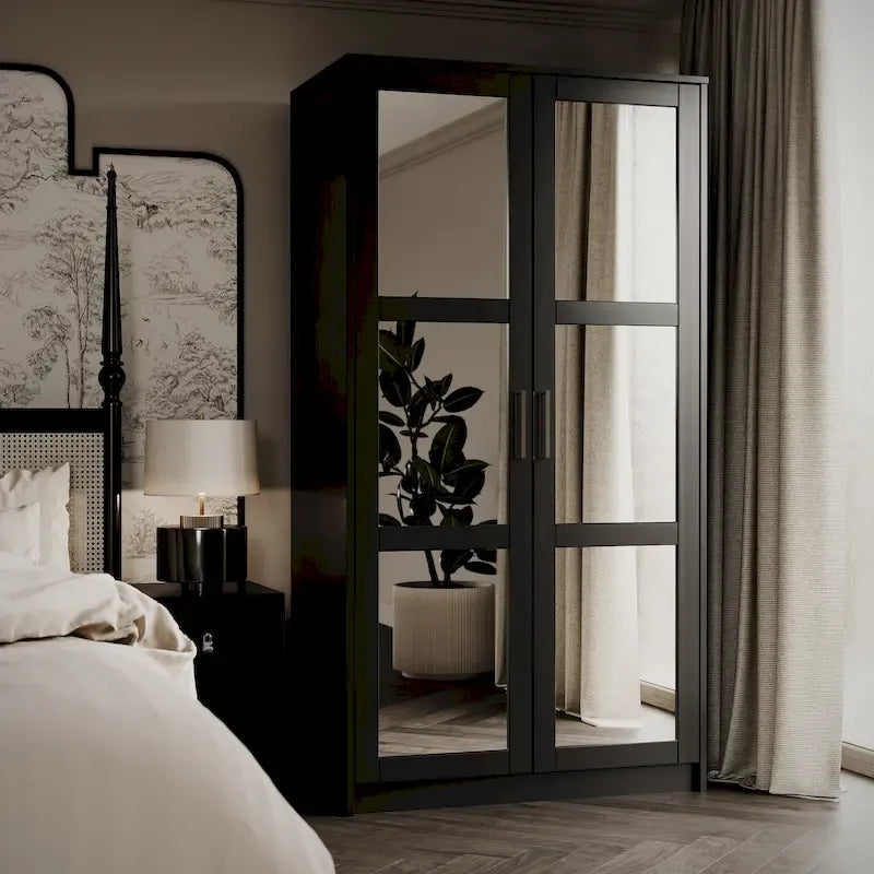 Armoire urbaine à double porte en bois massif, avec portes en bois massif et portes miroir.