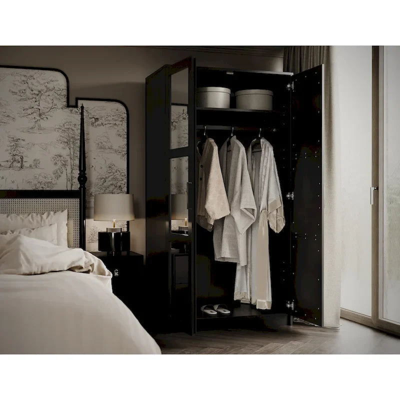 Armoire urbaine à double porte en bois massif, avec portes en bois massif et portes miroir.