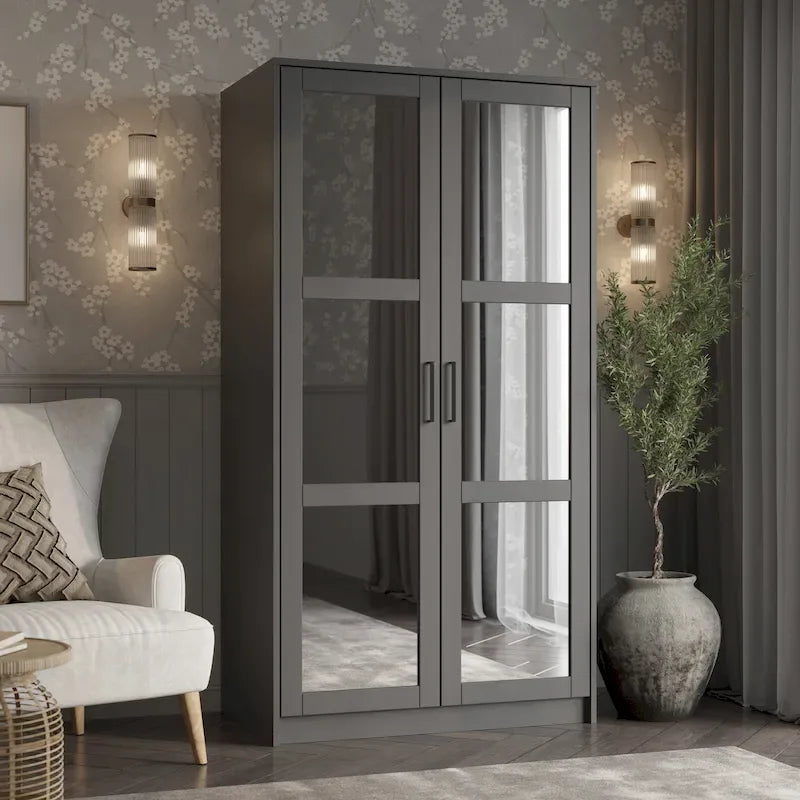 Armoire urbaine à double porte en bois massif, avec portes en bois massif et portes miroir.