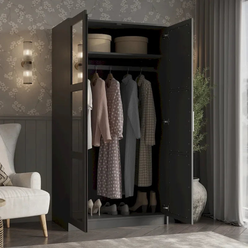 Armoire urbaine à double porte en bois massif, avec portes en bois massif et portes miroir.