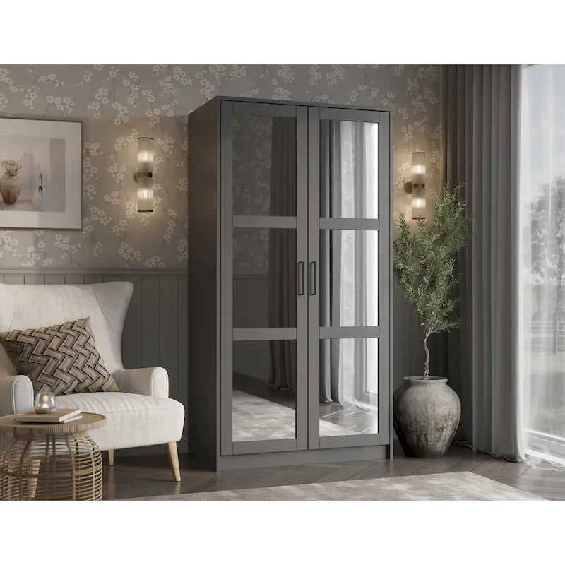Armoire urbaine à double porte en bois massif, avec portes en bois massif et portes miroir.