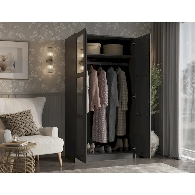 Armoire urbaine à double porte en bois massif, avec portes en bois massif et portes miroir.