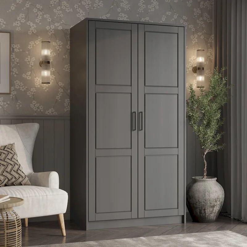Armoire urbaine à double porte en bois massif, avec portes en bois massif et portes miroir.