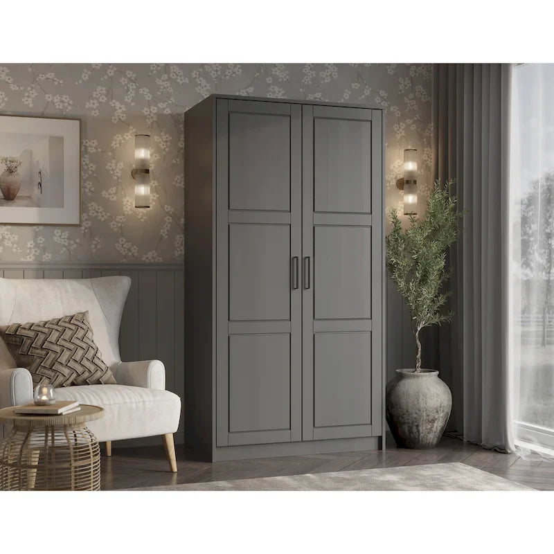 Armoire urbaine à double porte en bois massif, avec portes en bois massif et portes miroir.
