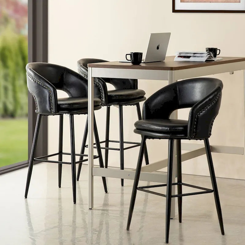 Glitzhome Set of 2 Mid-Century Modern 40.5 H Faux Leather Bar Stools with Nailhead Trim