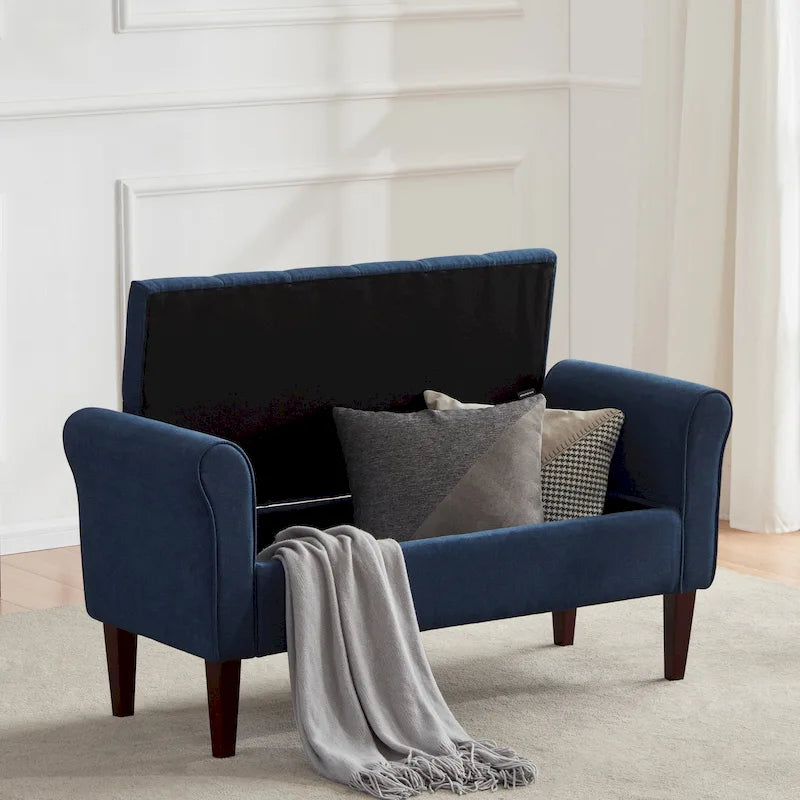 Banc de rangement capitonné, banc d'entrée avec accoudoirs et plateau rabattable capitonné
