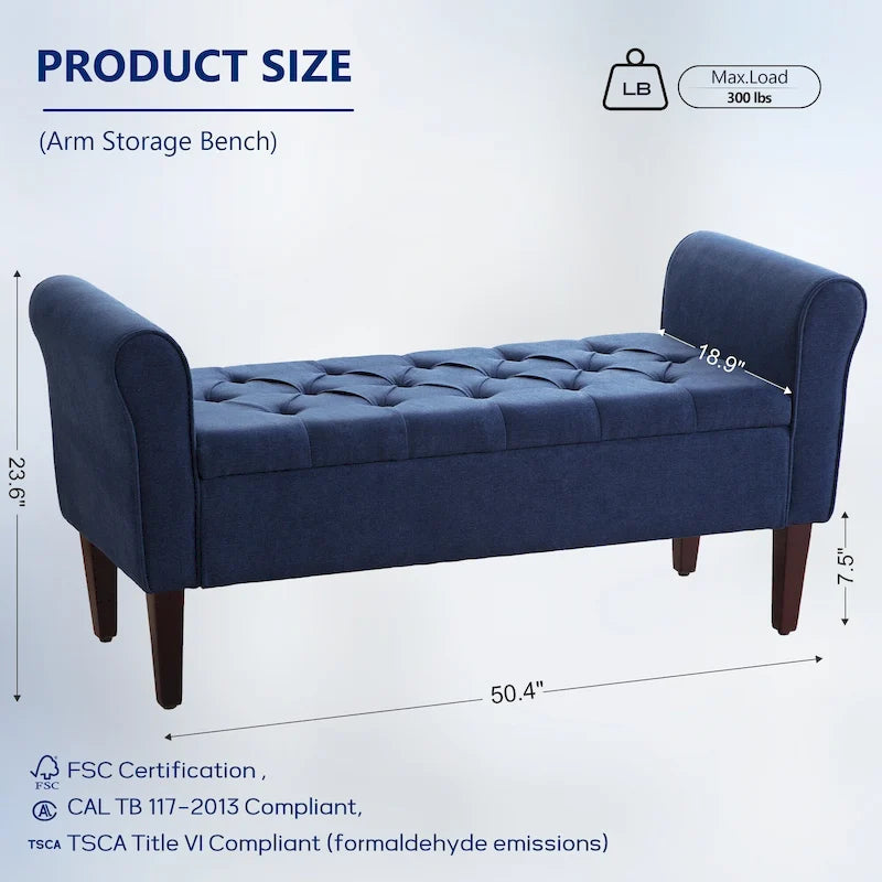 Banc de rangement capitonné, banc d'entrée avec accoudoirs et plateau rabattable capitonné