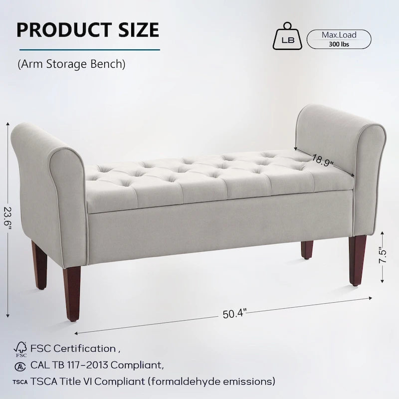 Banc de rangement capitonné, banc d'entrée avec accoudoirs et plateau rabattable capitonné