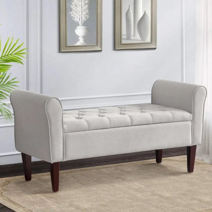 Banc de rangement capitonné, banc d'entrée avec accoudoirs et plateau rabattable capitonné