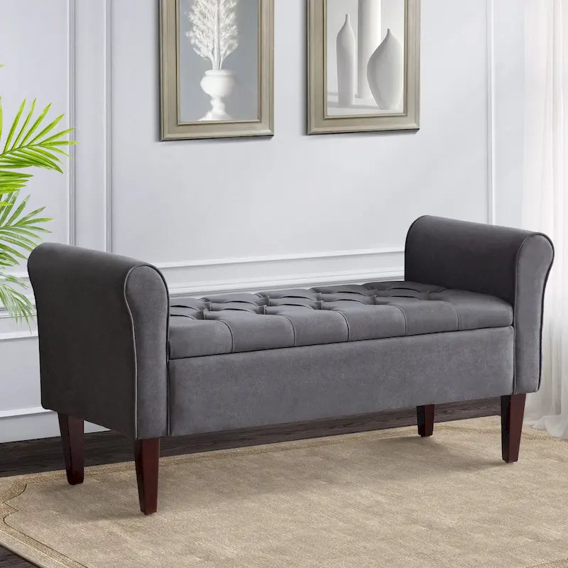 Banc de rangement capitonné, banc d'entrée avec accoudoirs et plateau rabattable capitonné
