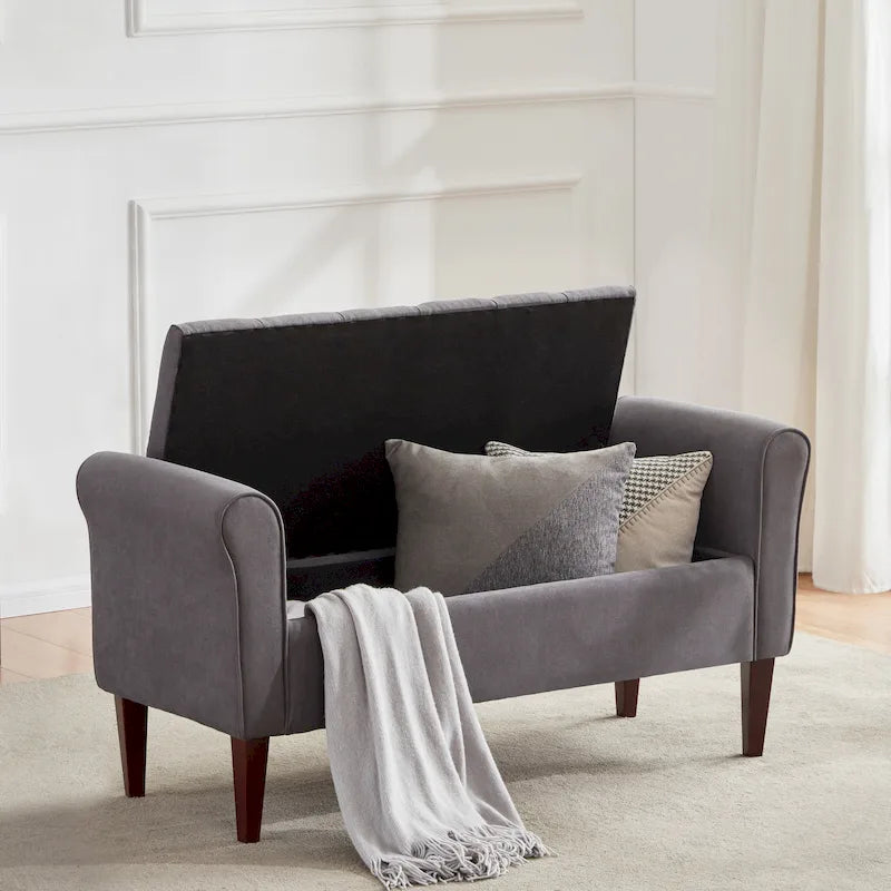 Banc de rangement capitonné, banc d'entrée avec accoudoirs et plateau rabattable capitonné