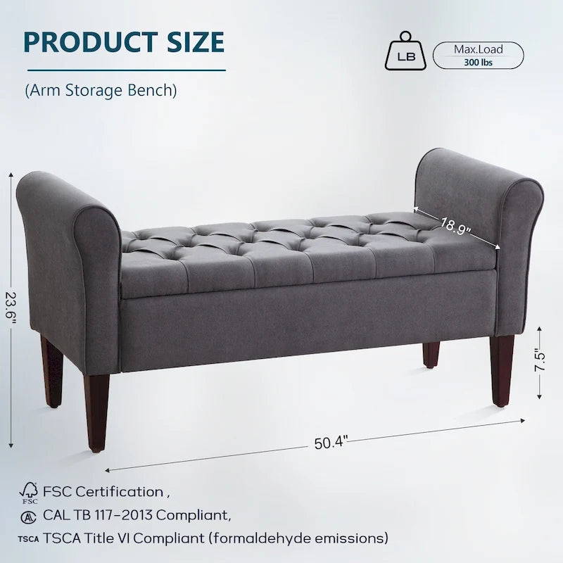 Banc de rangement capitonné, banc d'entrée avec accoudoirs et plateau rabattable capitonné