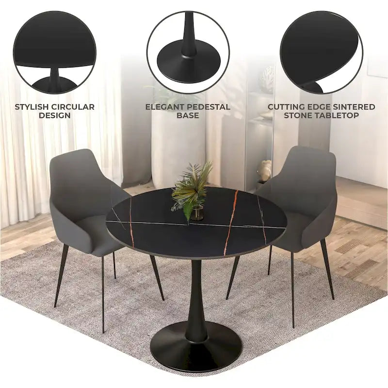 Table à manger ronde avec plateau en pierre frittée et piètement noir