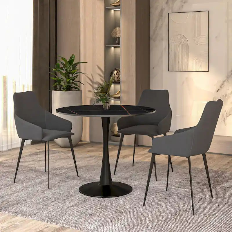 Table à manger ronde avec plateau en pierre frittée et piètement noir