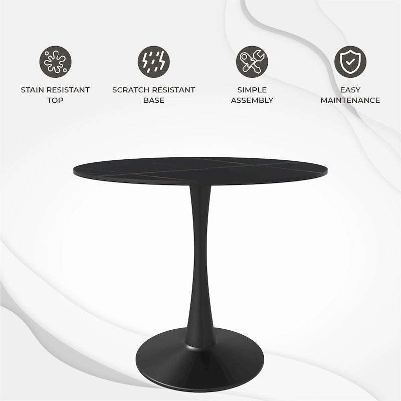 Table à manger ronde avec plateau en pierre frittée et piètement noir