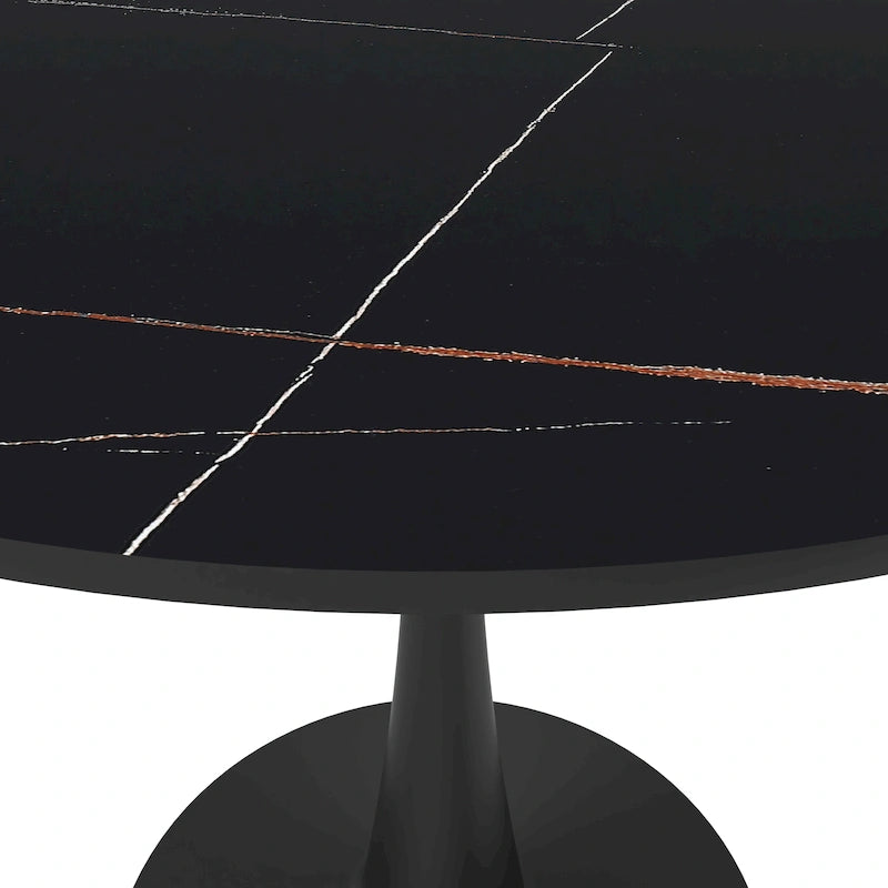 Table à manger ronde avec plateau en pierre frittée et piètement noir