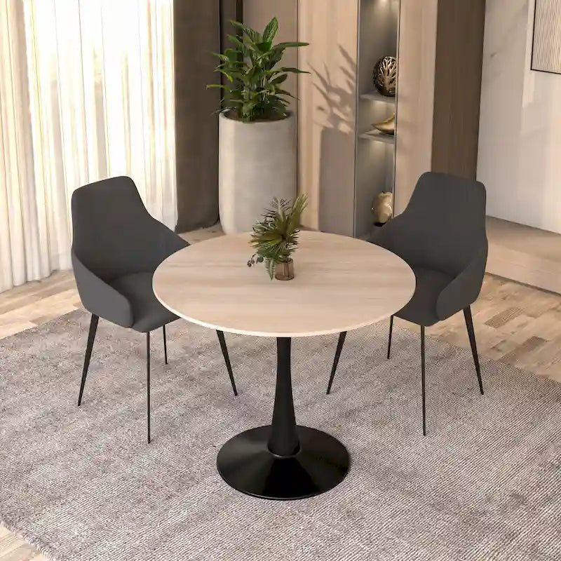 Table à manger ronde avec plateau en pierre frittée et piètement noir